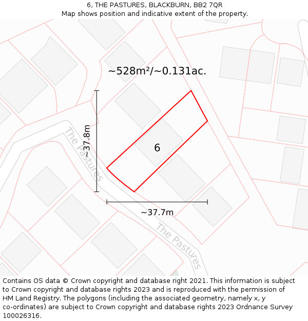 6, THE PASTURES, BLACKBURN, BB2 7QR: Plot and title map