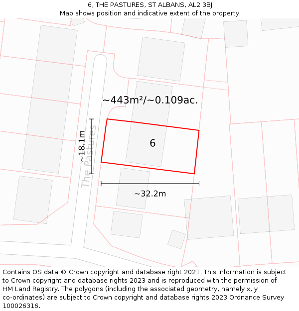 6, THE PASTURES, ST ALBANS, AL2 3BJ: Plot and title map