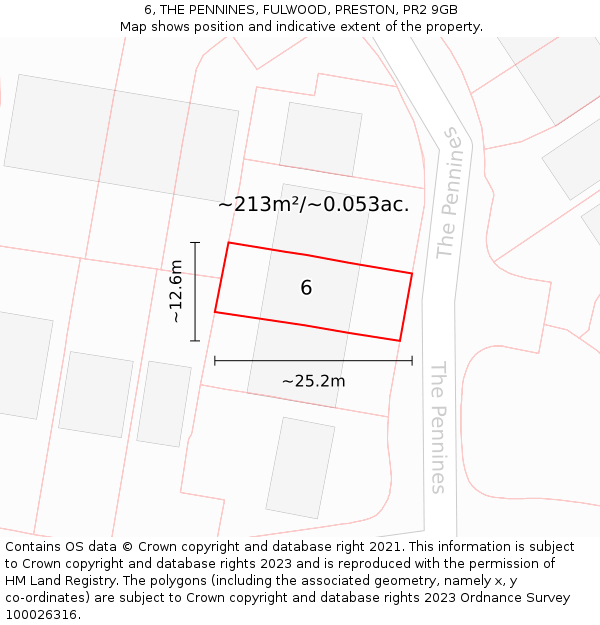 6, THE PENNINES, FULWOOD, PRESTON, PR2 9GB: Plot and title map