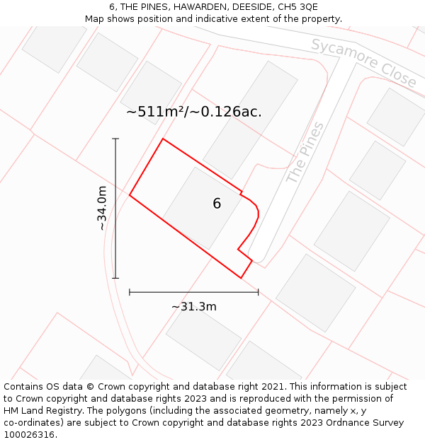 6, THE PINES, HAWARDEN, DEESIDE, CH5 3QE: Plot and title map