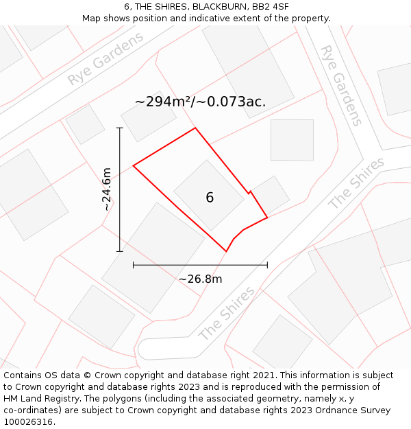 6, THE SHIRES, BLACKBURN, BB2 4SF: Plot and title map