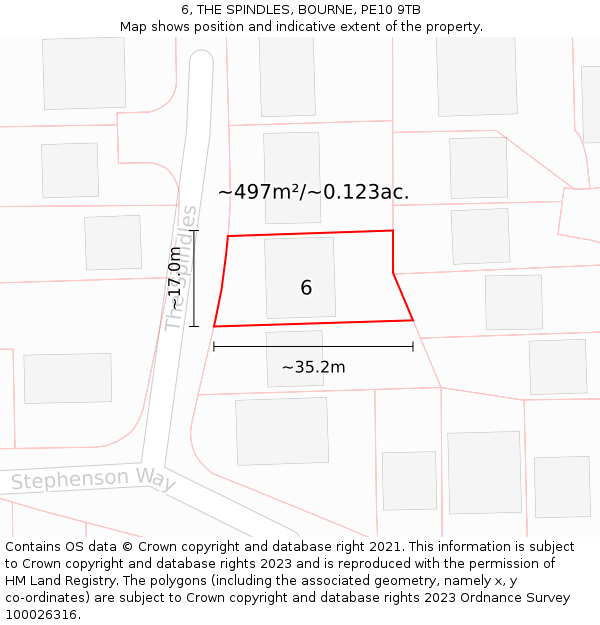 6, THE SPINDLES, BOURNE, PE10 9TB: Plot and title map