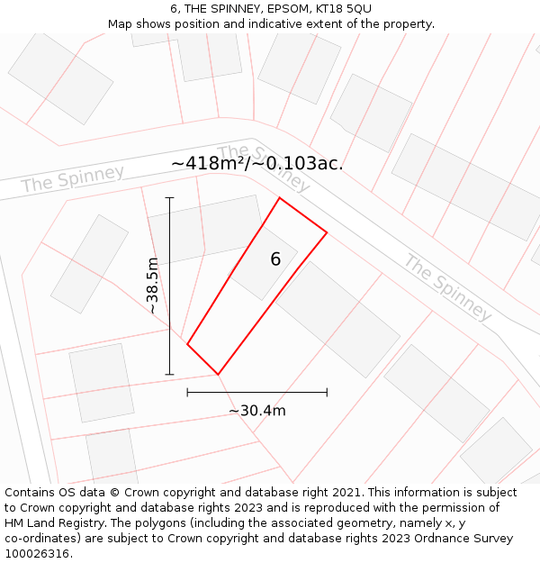 6, THE SPINNEY, EPSOM, KT18 5QU: Plot and title map