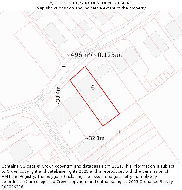 6, THE STREET, SHOLDEN, DEAL, CT14 0AL: Plot and title map