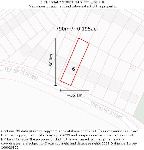 6, THEOBALD STREET, RADLETT, WD7 7LP: Plot and title map