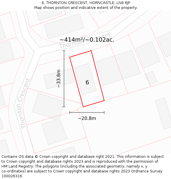 6, THORNTON CRESCENT, HORNCASTLE, LN9 6JP: Plot and title map