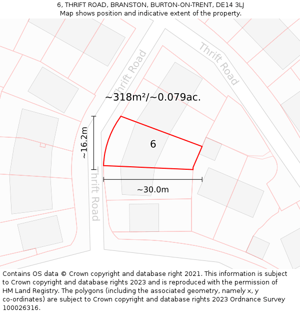 6, THRIFT ROAD, BRANSTON, BURTON-ON-TRENT, DE14 3LJ: Plot and title map