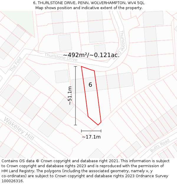 6, THURLSTONE DRIVE, PENN, WOLVERHAMPTON, WV4 5QL: Plot and title map