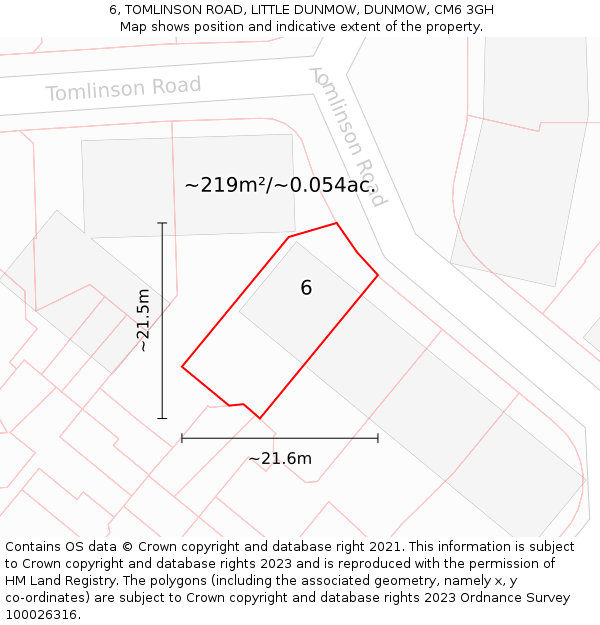 6, TOMLINSON ROAD, LITTLE DUNMOW, DUNMOW, CM6 3GH: Plot and title map