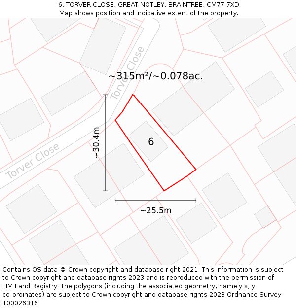 6, TORVER CLOSE, GREAT NOTLEY, BRAINTREE, CM77 7XD: Plot and title map