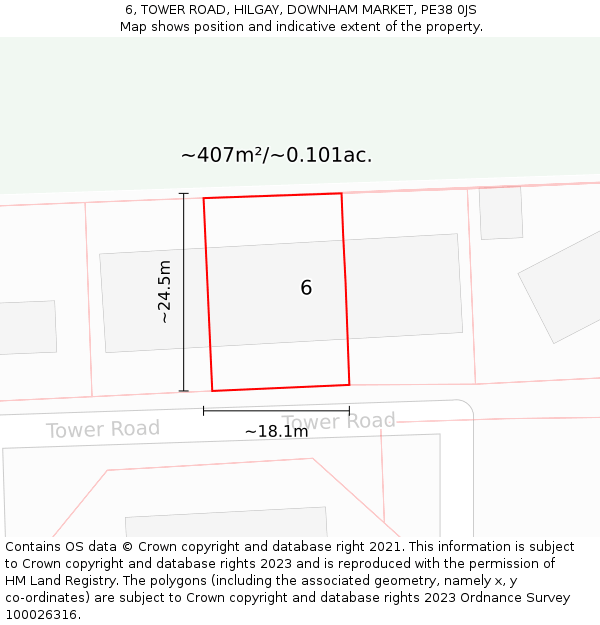 6, TOWER ROAD, HILGAY, DOWNHAM MARKET, PE38 0JS: Plot and title map