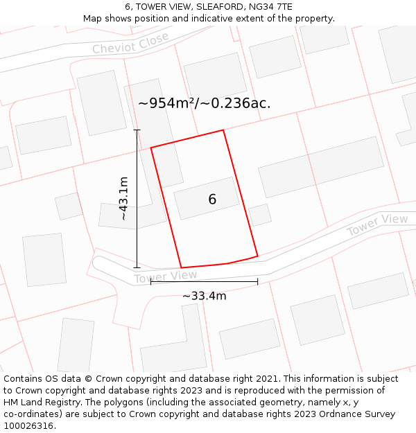 6, TOWER VIEW, SLEAFORD, NG34 7TE: Plot and title map