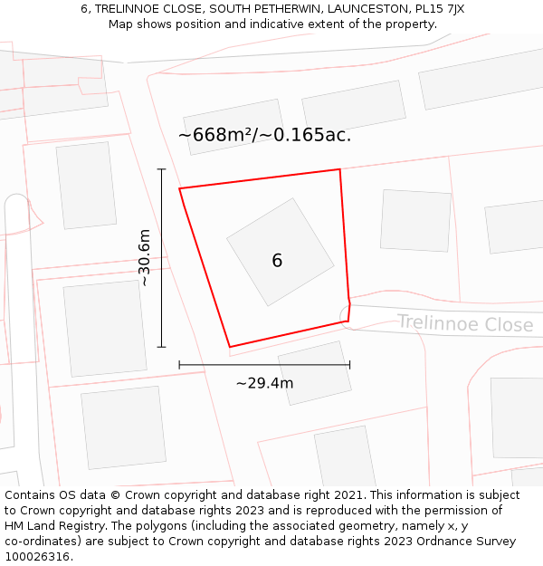 6, TRELINNOE CLOSE, SOUTH PETHERWIN, LAUNCESTON, PL15 7JX: Plot and title map