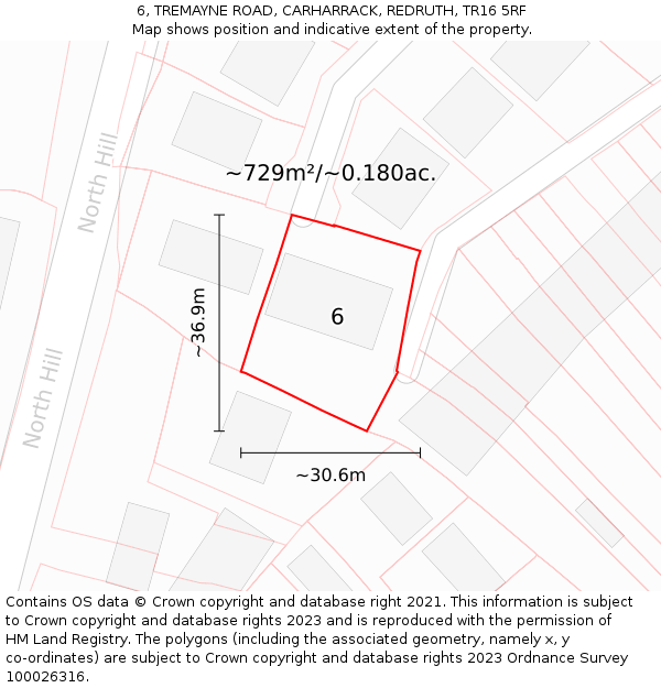 6, TREMAYNE ROAD, CARHARRACK, REDRUTH, TR16 5RF: Plot and title map