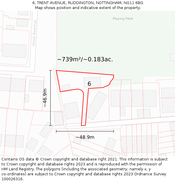 6, TRENT AVENUE, RUDDINGTON, NOTTINGHAM, NG11 6BG: Plot and title map