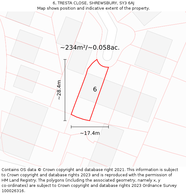 6, TRESTA CLOSE, SHREWSBURY, SY3 6AJ: Plot and title map