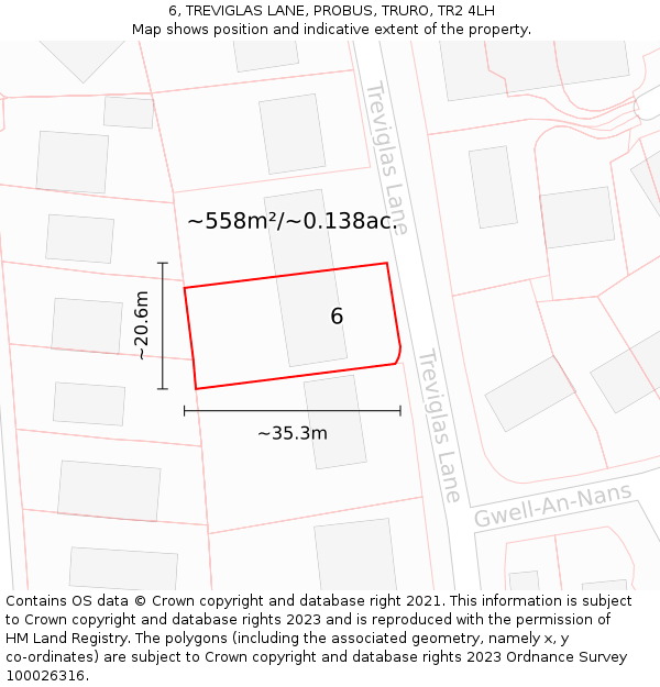 6, TREVIGLAS LANE, PROBUS, TRURO, TR2 4LH: Plot and title map