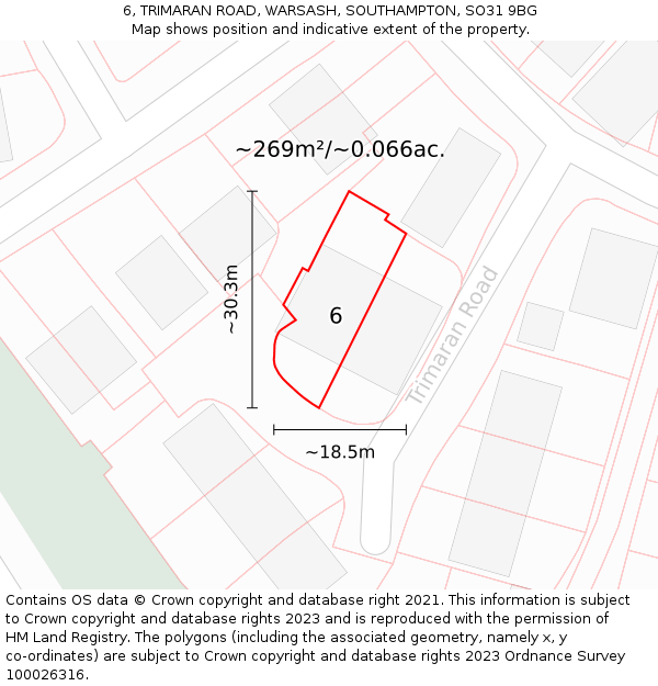 6, TRIMARAN ROAD, WARSASH, SOUTHAMPTON, SO31 9BG: Plot and title map