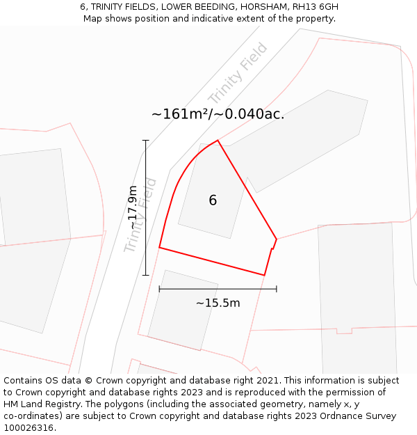 6, TRINITY FIELDS, LOWER BEEDING, HORSHAM, RH13 6GH: Plot and title map