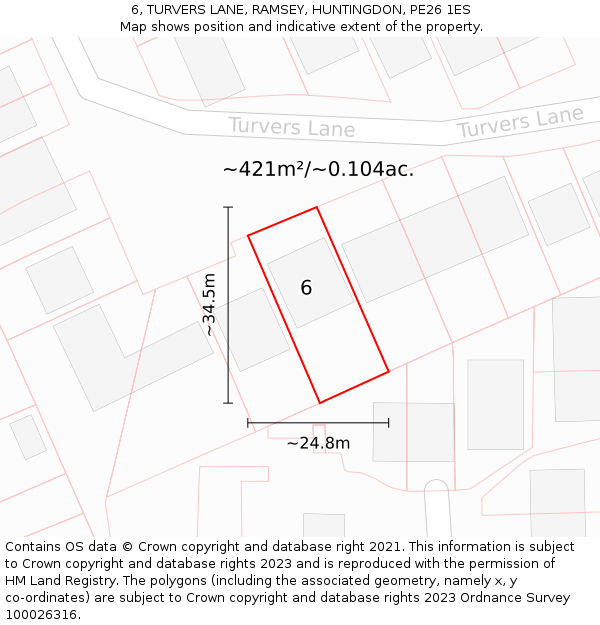 6, TURVERS LANE, RAMSEY, HUNTINGDON, PE26 1ES: Plot and title map