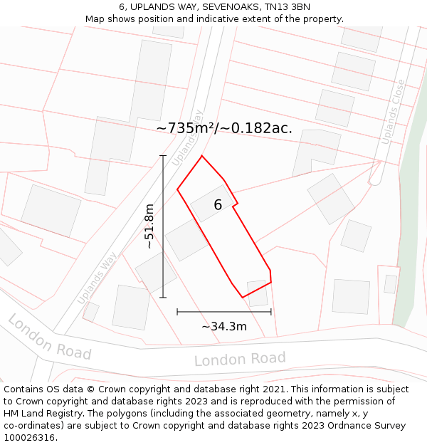 6, UPLANDS WAY, SEVENOAKS, TN13 3BN: Plot and title map