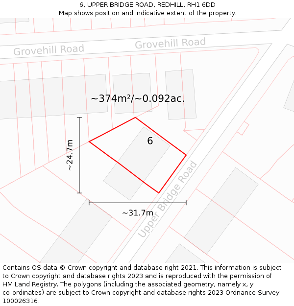 6, UPPER BRIDGE ROAD, REDHILL, RH1 6DD: Plot and title map