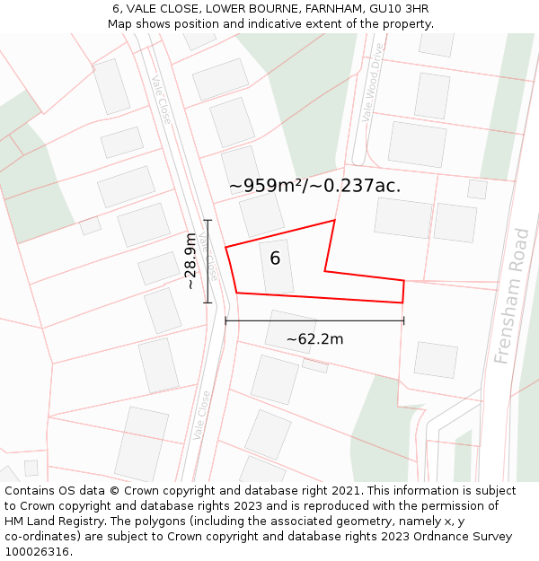 6, VALE CLOSE, LOWER BOURNE, FARNHAM, GU10 3HR: Plot and title map