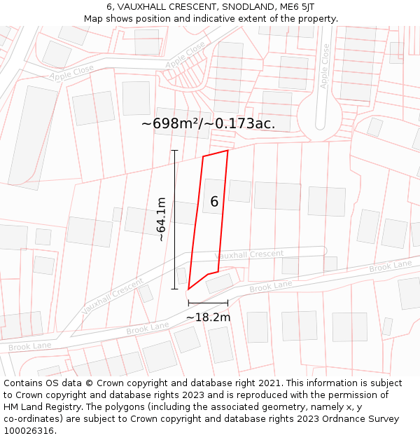 6, VAUXHALL CRESCENT, SNODLAND, ME6 5JT: Plot and title map