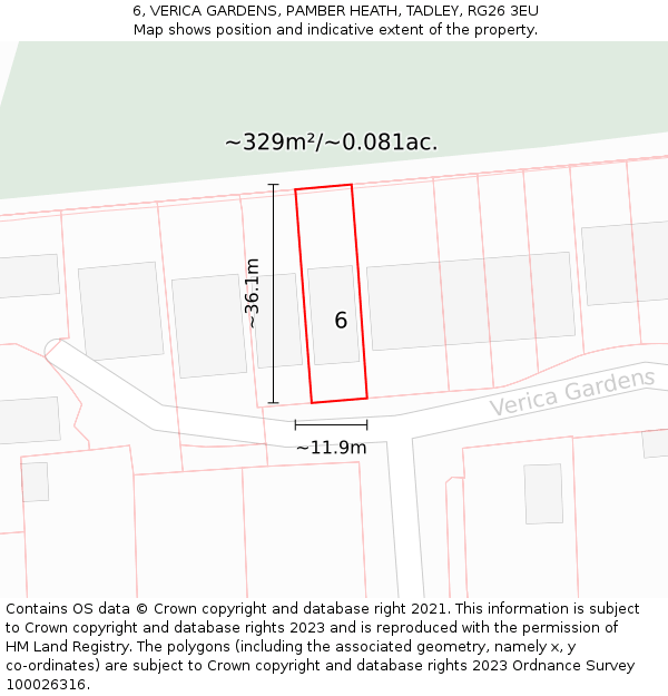 6, VERICA GARDENS, PAMBER HEATH, TADLEY, RG26 3EU: Plot and title map