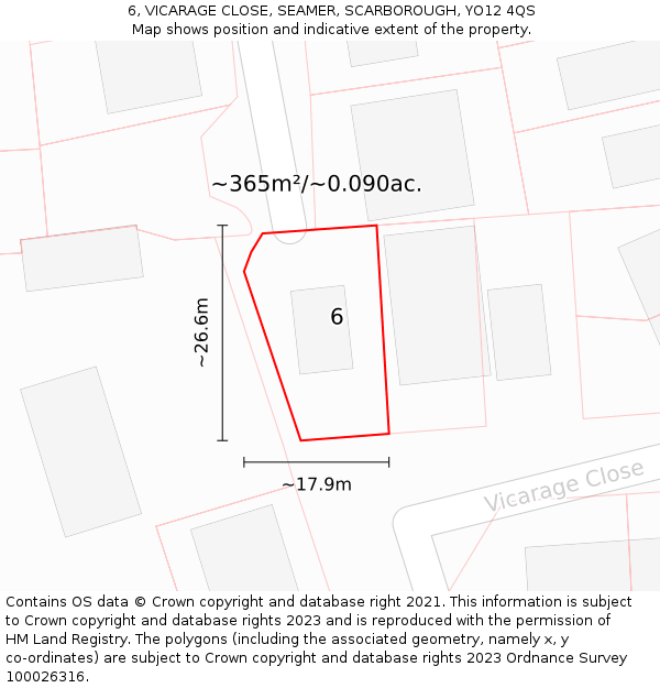 6, VICARAGE CLOSE, SEAMER, SCARBOROUGH, YO12 4QS: Plot and title map