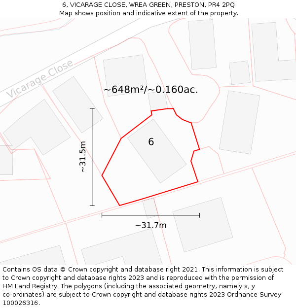 6, VICARAGE CLOSE, WREA GREEN, PRESTON, PR4 2PQ: Plot and title map