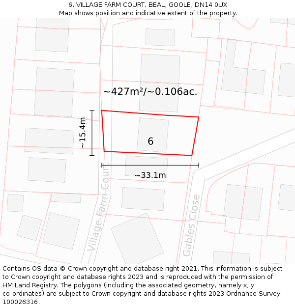 6, VILLAGE FARM COURT, BEAL, GOOLE, DN14 0UX: Plot and title map