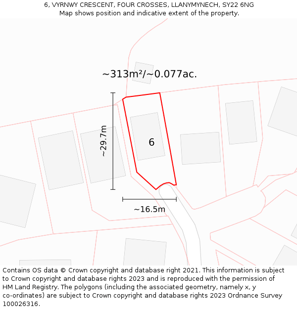 6, VYRNWY CRESCENT, FOUR CROSSES, LLANYMYNECH, SY22 6NG: Plot and title map