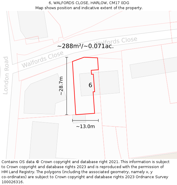 6, WALFORDS CLOSE, HARLOW, CM17 0DG: Plot and title map