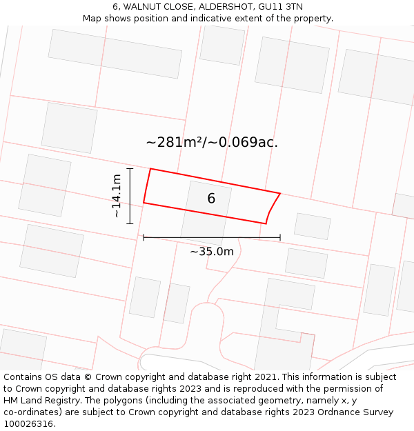 6, WALNUT CLOSE, ALDERSHOT, GU11 3TN: Plot and title map