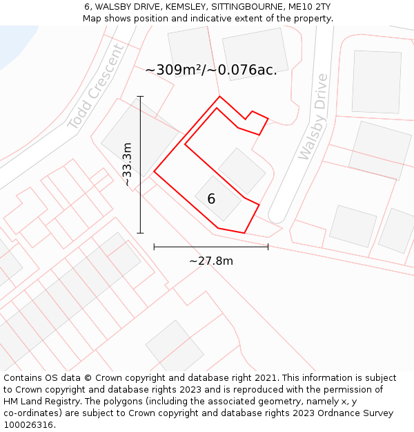 6, WALSBY DRIVE, KEMSLEY, SITTINGBOURNE, ME10 2TY: Plot and title map