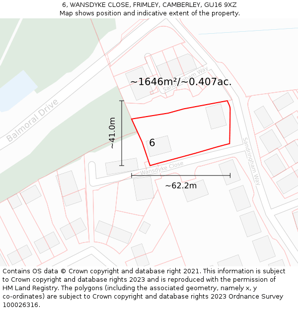 6, WANSDYKE CLOSE, FRIMLEY, CAMBERLEY, GU16 9XZ: Plot and title map