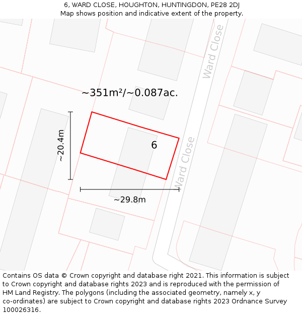 6, WARD CLOSE, HOUGHTON, HUNTINGDON, PE28 2DJ: Plot and title map