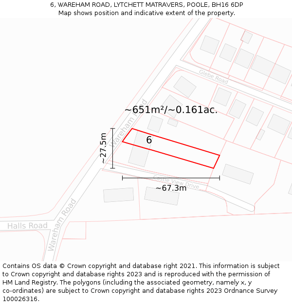 6, WAREHAM ROAD, LYTCHETT MATRAVERS, POOLE, BH16 6DP: Plot and title map
