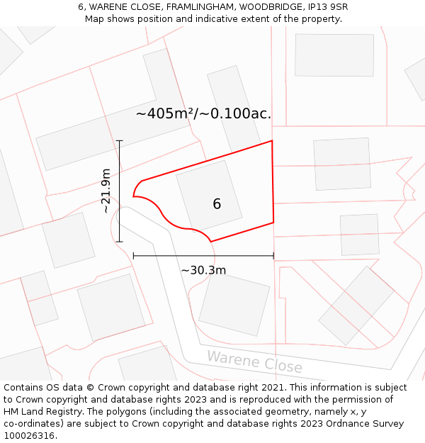 6, WARENE CLOSE, FRAMLINGHAM, WOODBRIDGE, IP13 9SR: Plot and title map