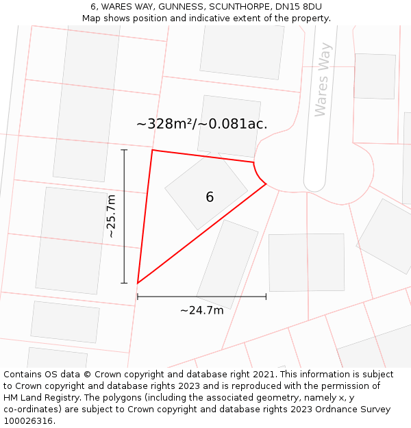 6, WARES WAY, GUNNESS, SCUNTHORPE, DN15 8DU: Plot and title map