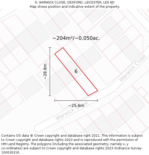 6, WARWICK CLOSE, DESFORD, LEICESTER, LE9 9JY: Plot and title map