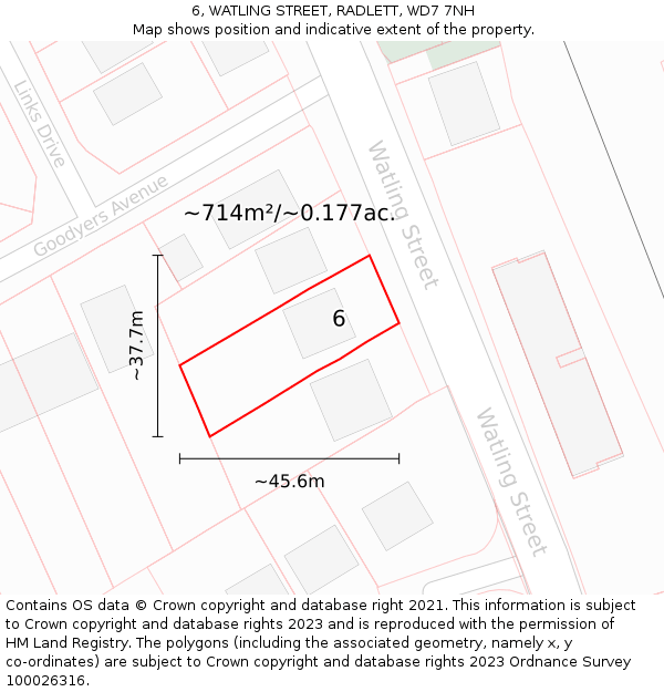 6, WATLING STREET, RADLETT, WD7 7NH: Plot and title map