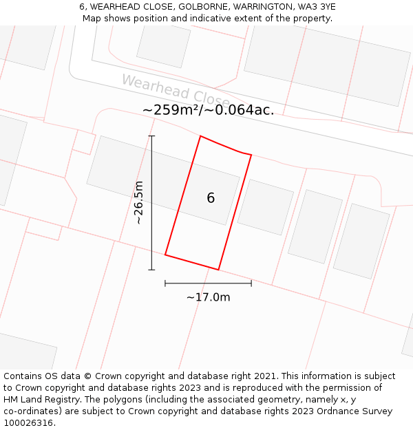 6, WEARHEAD CLOSE, GOLBORNE, WARRINGTON, WA3 3YE: Plot and title map