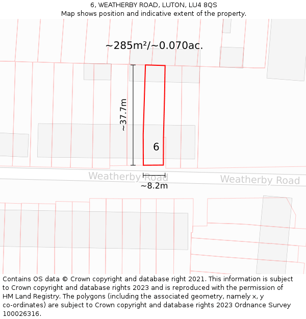 6, WEATHERBY ROAD, LUTON, LU4 8QS: Plot and title map