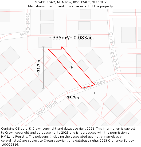 6, WEIR ROAD, MILNROW, ROCHDALE, OL16 3UX: Plot and title map