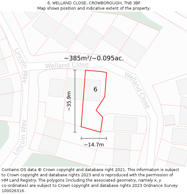 6, WELLAND CLOSE, CROWBOROUGH, TN6 3BF: Plot and title map