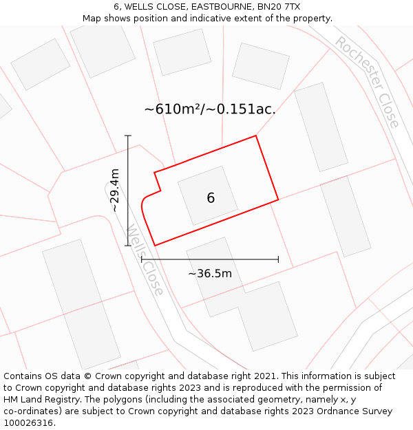 6, WELLS CLOSE, EASTBOURNE, BN20 7TX: Plot and title map