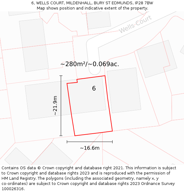 6, WELLS COURT, MILDENHALL, BURY ST EDMUNDS, IP28 7BW: Plot and title map