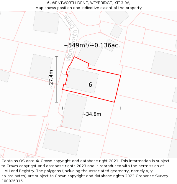 6, WENTWORTH DENE, WEYBRIDGE, KT13 9AJ: Plot and title map